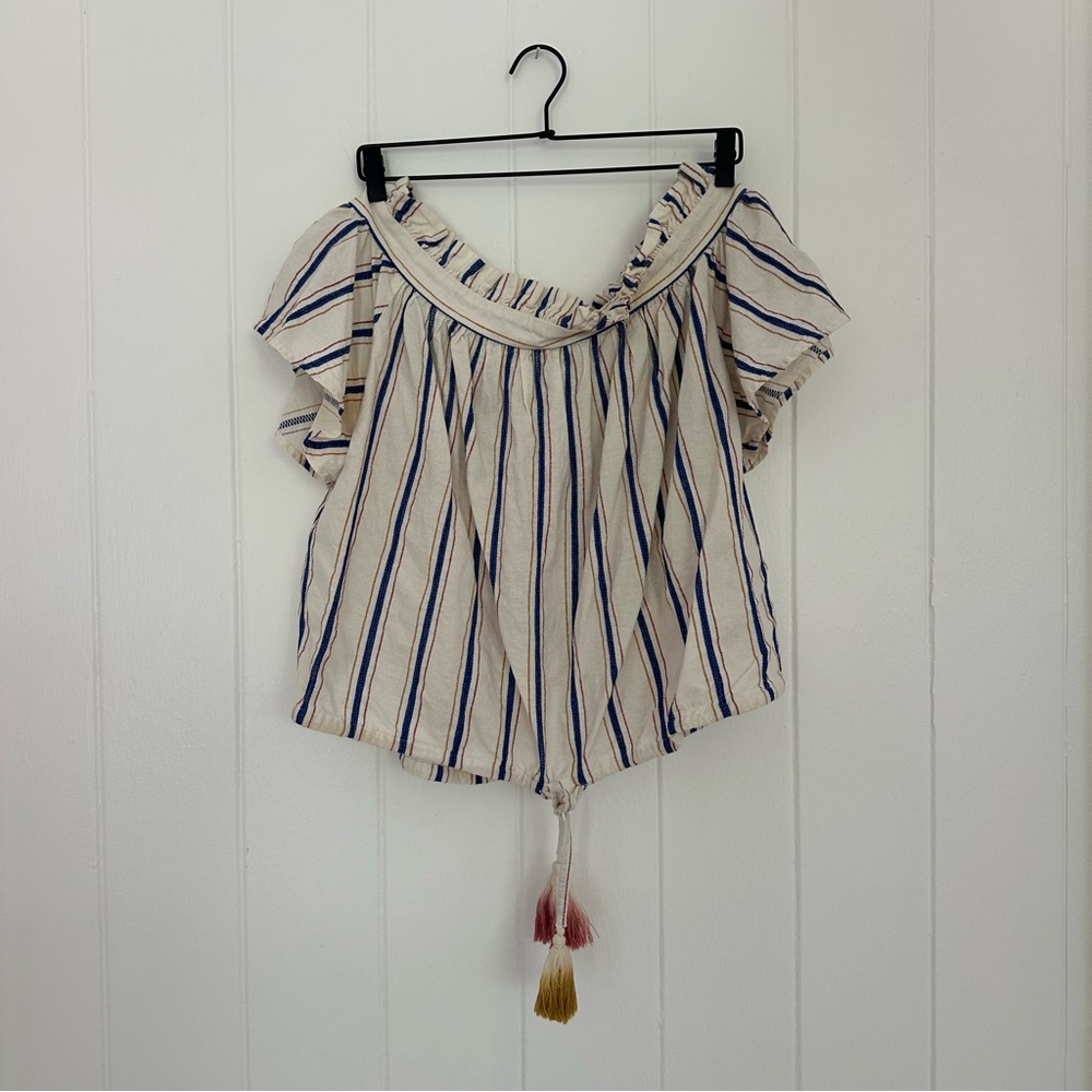 Trovata Blue and White Ruffled Tie Waist Blouse
